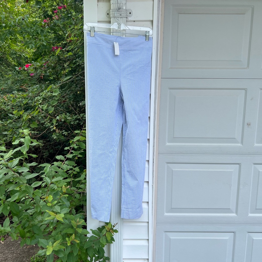 NWT Talbots Pretty Blue White Seersucker Stripe Side Zip Cotton Cropped Pants